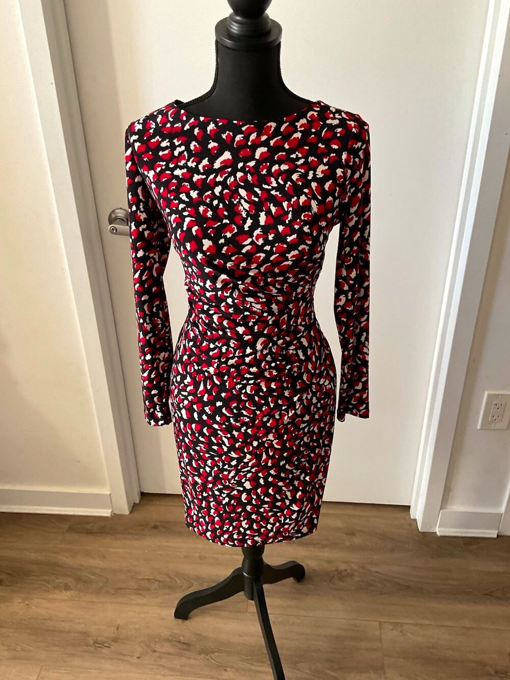 Kasper Petite PS Black Red White Animal Print Long Sleeve Stretch Sheath